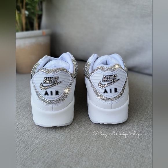 Women's Bling Nike Air Max 90 White Sneakers Shoes made with Swarovski Crystals - Picture 6 of 8